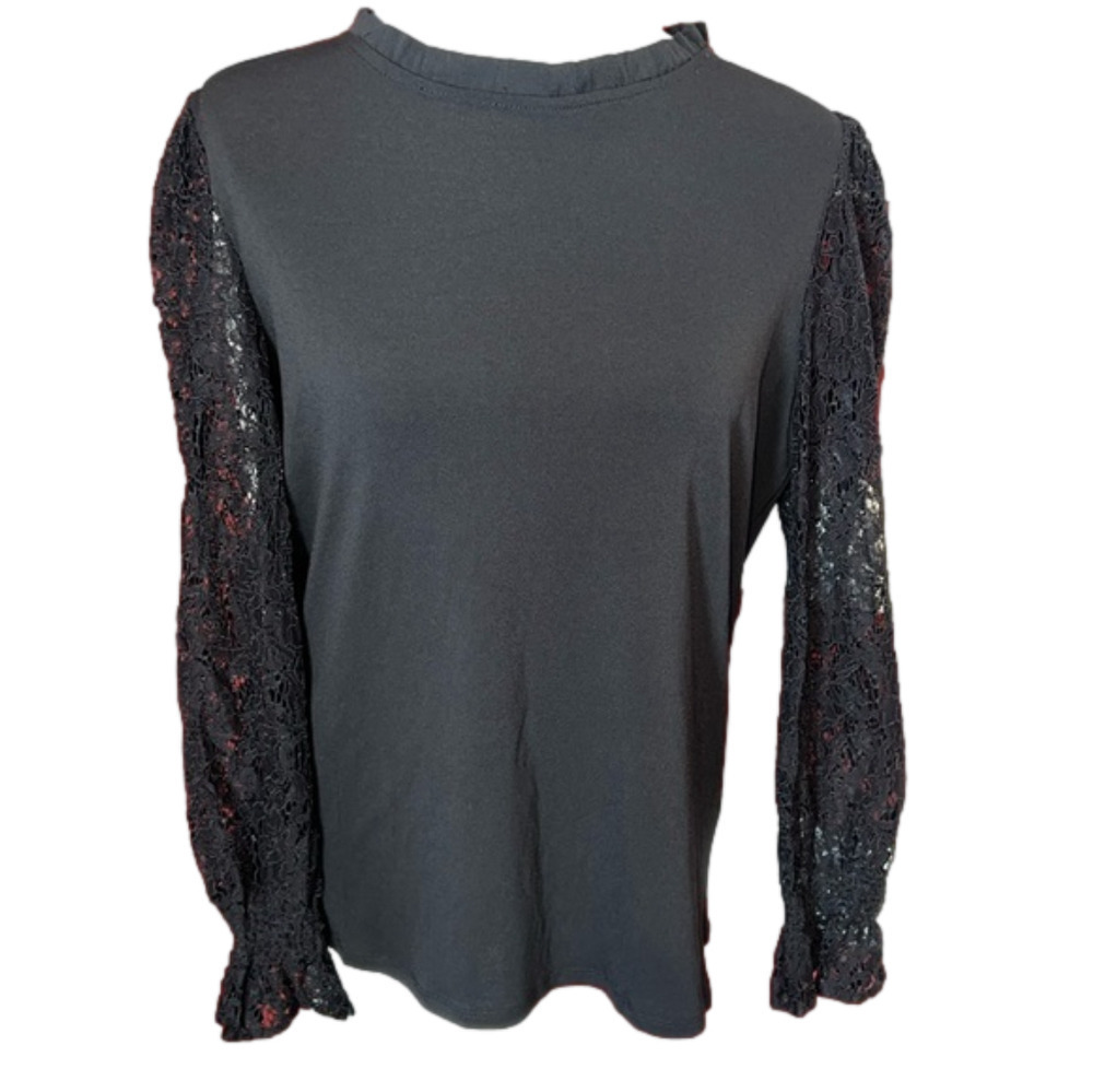 Vintage Style Black Blouse Lace Sleeves M